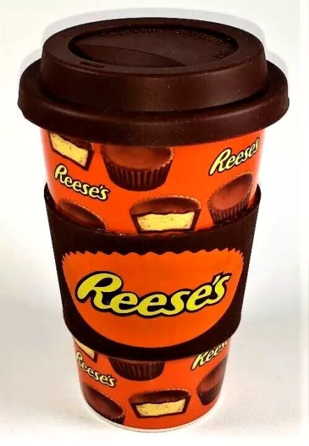 Reese's Peanut Butter Cup Travel Coffee Mug Silicone Grip Ceramic 16 oz Tumbler