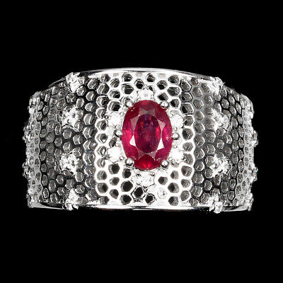 Oval Red Ruby 7x5mm White Cz 14K White Gold Plate 925 Sterling Silver Ring 8.5