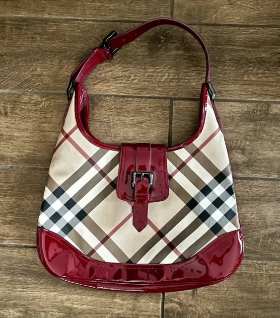 Burberry Brooke Nova Check Red Patent Leather Coated Canvas Hobo Bag Purse