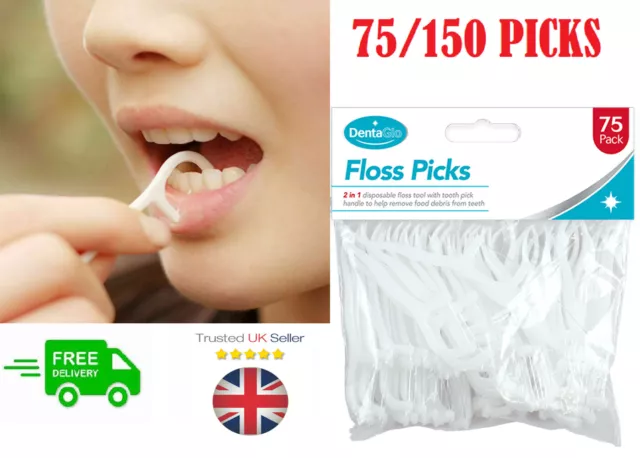 Dental Floss Sticks Tooth Picks 75/150Pc 2-In-1 Teeth Plaque Remover InterDental