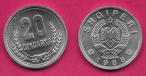 Albania 20 Qindarka 1988 Unc Value At Center Between Wheat National Arms,Date Be