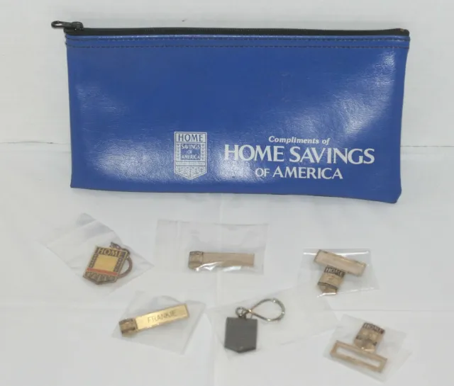 Home Savings & Loan Collectible Money Bag & Employee Pins & Keychain - RARE FIND