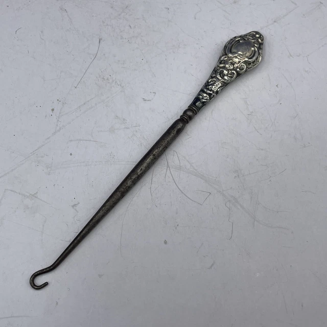 Bacchetta Gancio Corsetto Bottone Antico Ornato ARGENTO 925 Manico 8" Autentico Vintage