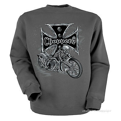 Biker Felpa Pullover MOTO CUSTOM CHOPPER SKULL Rocker * 4005 GRIGIO