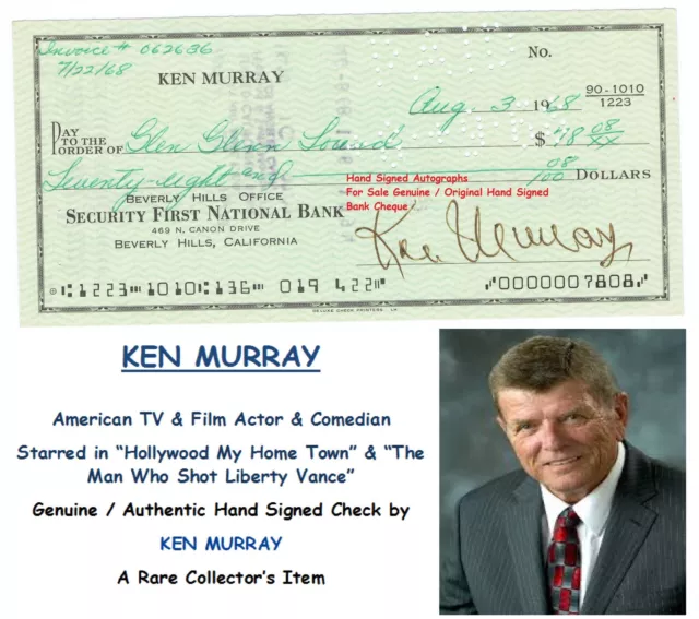 Ken Murray  Comedian Tv Star Actor Hand Signed Early Bank Cheque 1968  Rare Item