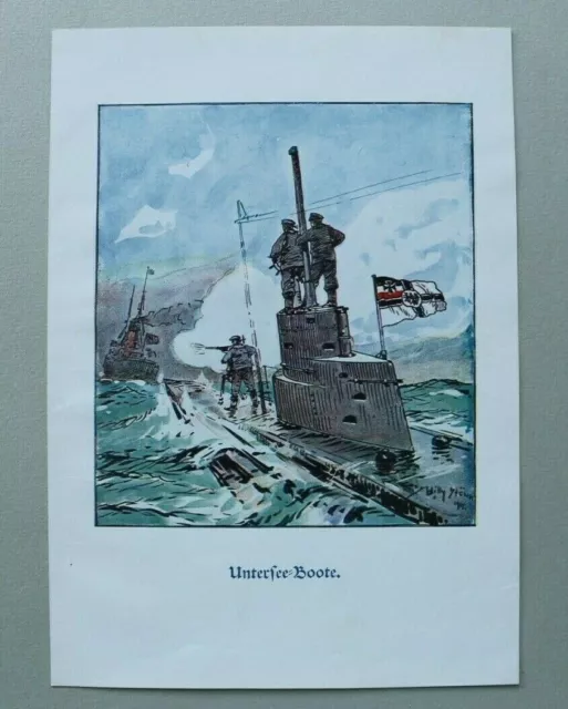 Patriotik Kunst Druck 1914-1918 Willy Stöwer Untersee Boot U-Boot Marine 1.WK WW