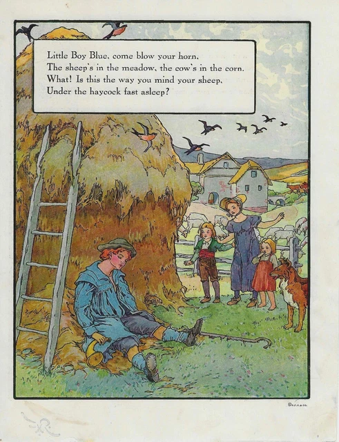 ANTIQUE LITTLE BOY Blue Mother Goose Rhyme Art Print 1915 Dual Sided 8 x 10.5 £32.66 - PicClick UK