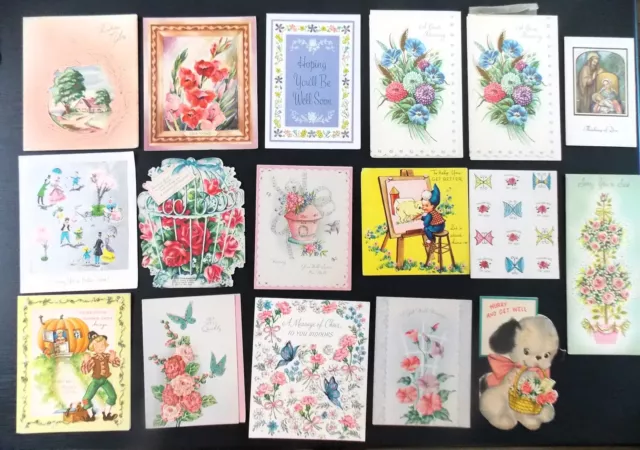 17 MID CENTURY GREETING CARDS ALL GET WELL AND ALL UNUSED NO WRITING 40s & 50s