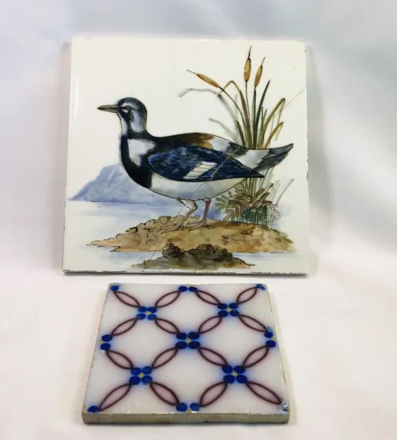 2 Antique Ceramic Tile Hand Painted MINTON bird Feature Tile & 1 Geometric Style