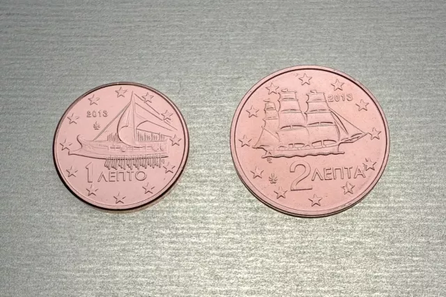 Griechenland Euro Münzen, Kursmünzen 1 + 2 Cent  2013 - Bankfrisch aus der Rolle