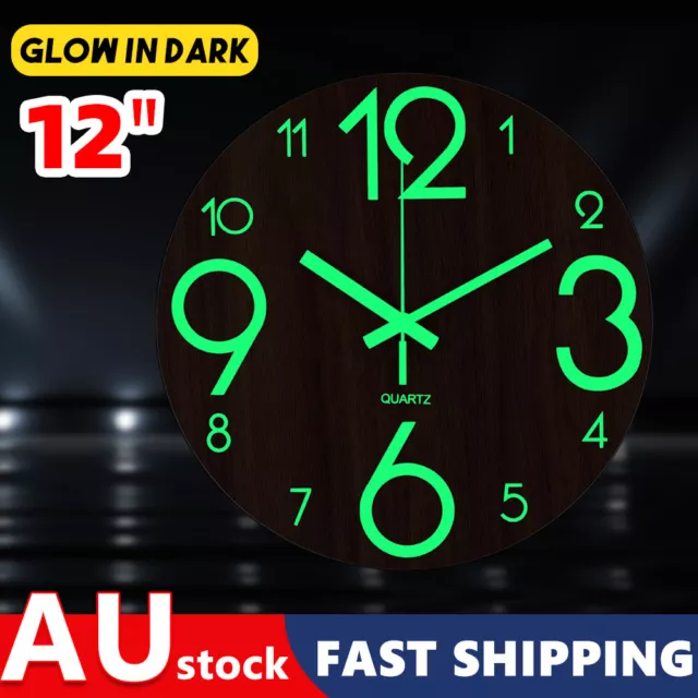 12 inch Silent Glow In Dark Wall Clock Luminous Non Ticking Quartz Wooden Modern