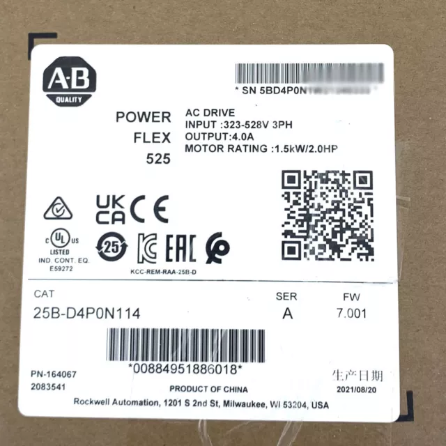 2022 New Sealed Allen Bradley 25B-D4P0N114 PowerFlex 525 1.5kW 2Hp AC Drive