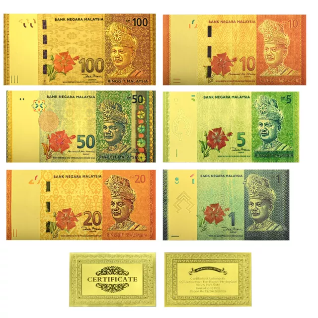 6pcs/set Malaysia Gold Foil Banknotes 1/5/10/20/50/100 Ringgit Uncurrency Crafts