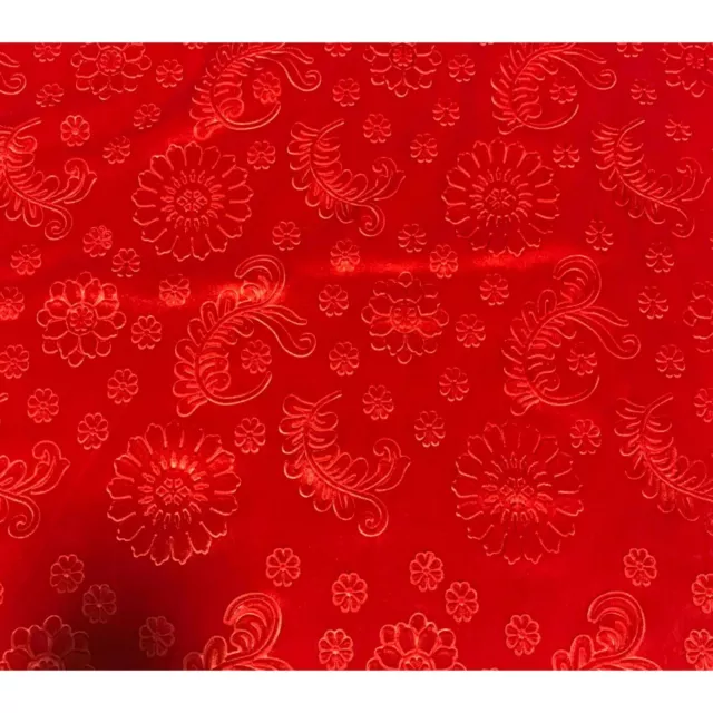 Scarlet Red Feathers & Flowers - Embossed Stretch Poly Velvet