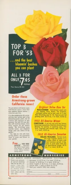1953 Armstrong Nurseries CA Roses Yellow Red Pink Catalog Vintage Print Ad BH2