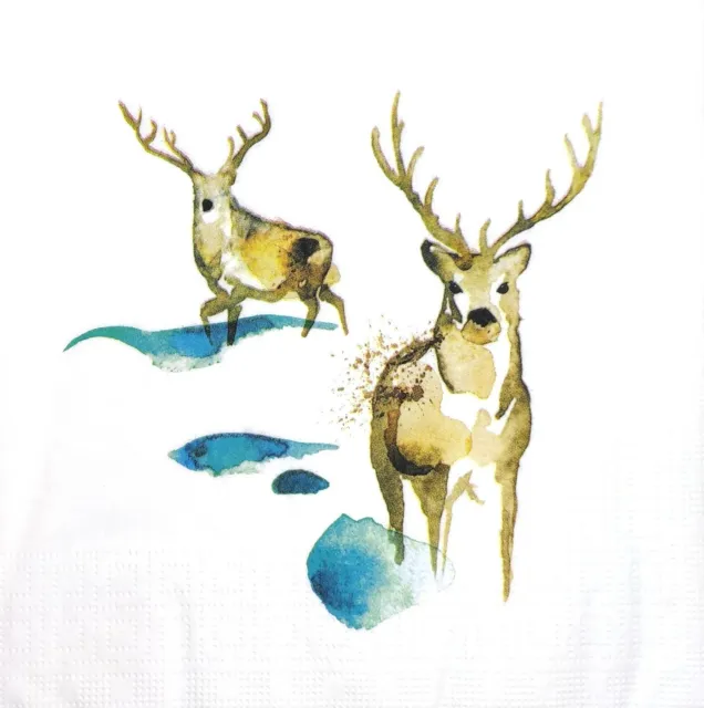 N053# 3x Single Paper Napkins For Decoupage Craft Winter Watercolor Painted Deer