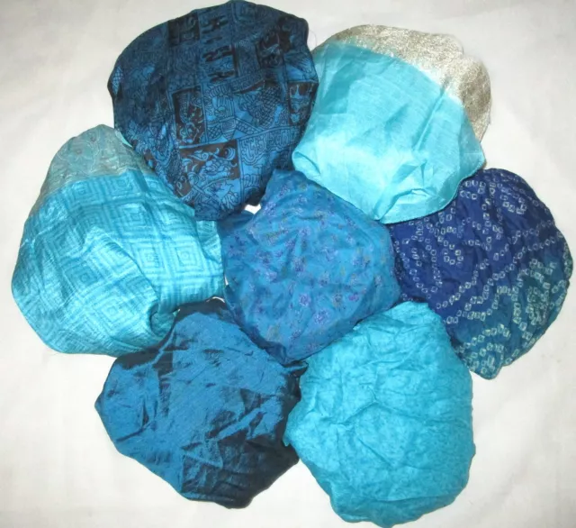 UK LOT PURE SILK Vintage Sari REMNANT Fabric 7 Pcs 1 foot each aqua blue