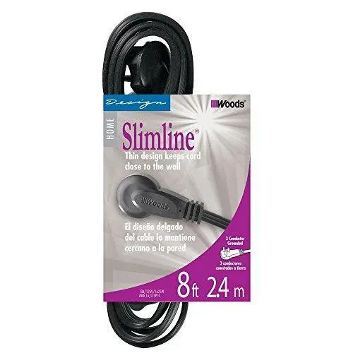 SlimLine 2243 Flat Plug Extension Cord, 3-Wire, 8-Foot, Black 8 Foot