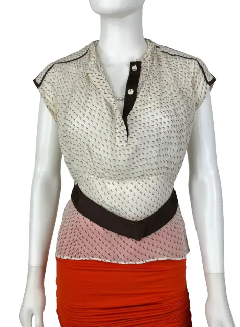 Fendi Auth 4 US 40 IT S Ivory Brown Sheer Silk Blouse Dress Top with Belt Runway