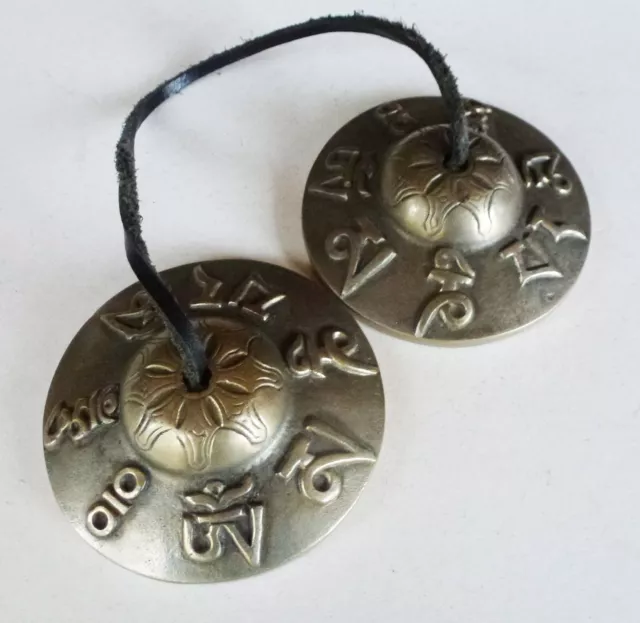 A Pair Brass Buddhist Tibetan Tingsha Cymbals Bell with Eight Auspicious Symbols