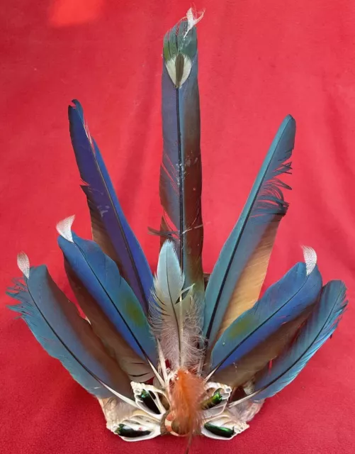 Tocado de pluma de pájaro de la tribu amazónica con adornos