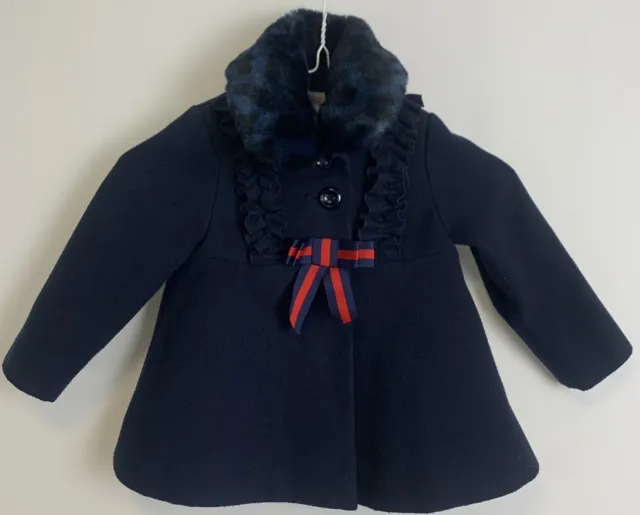 MONSOON COAT AGE 12-18 MTHS NAVY RED Ribbon Detached Faux Fur Collar Button Up