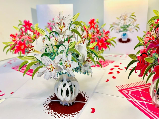 ORIGAMI POP CARDS Lilies Flower Bouquet 3D Pop Up Greeting Card ...