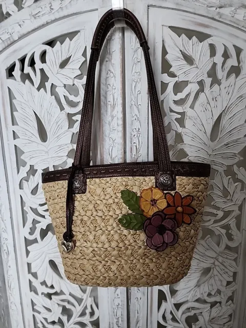 BRIGHTON Natural Straw Raffia Leather 3D Flowers Purse Handbag Shoulder Bag