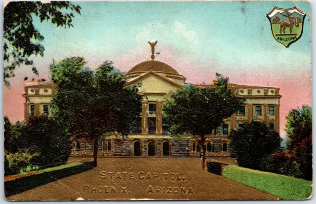 Vintage Postcard The State Capitol At Phoenix Arizona Posted 1910 Emboss Bronze