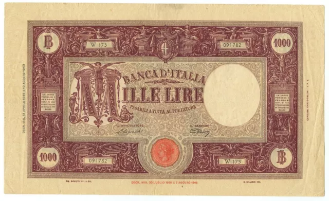 1000 Lire Barbetti Grande M Testina Retro Bi Luogotenenza 13/04/1945 Bb/Bb+