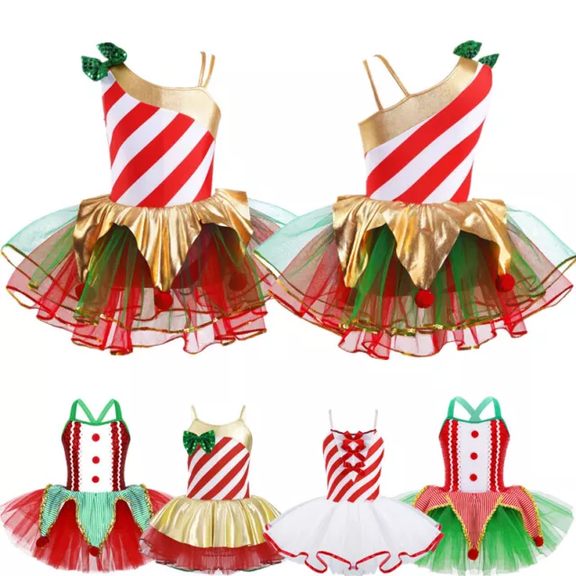 Xmas Girls Christmas Santa Costume Stripes Sequins Leotard Mesh Tutu Dance Dress