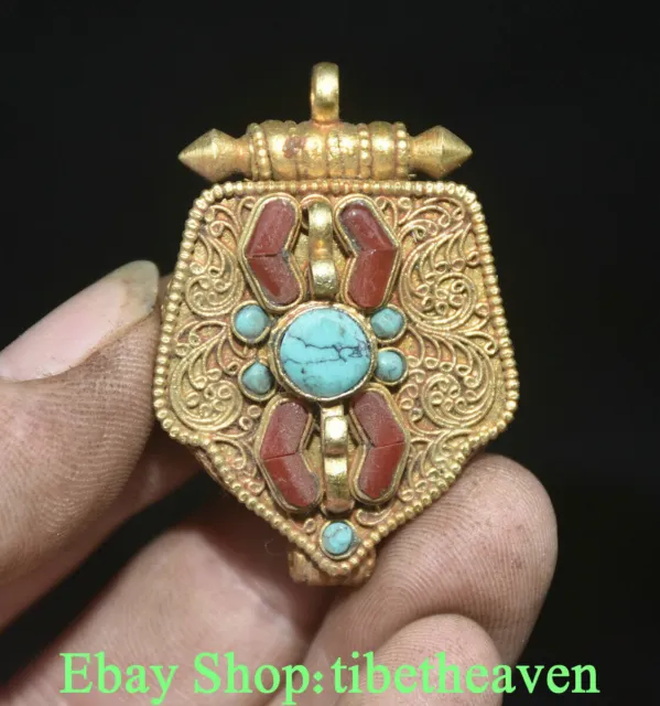 2" Old Tibetan Copper Gold Turquoise Gems Faqi Gawu Box Amulet Pendant