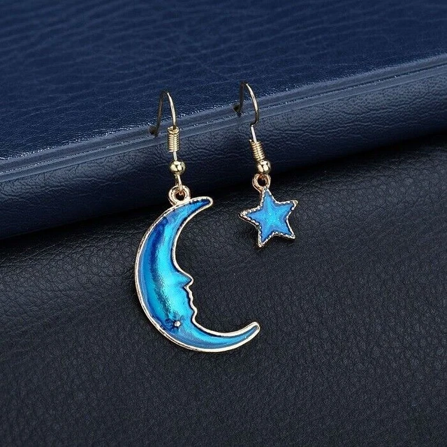Fashion 18k Gold Plated Blue Star Moon Dangle Drop Earrings Womens Jewelry Party