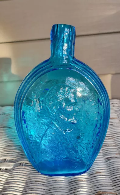 ABRAHAM LINCOLN BLUE Embossed Glass Bottle Flask 