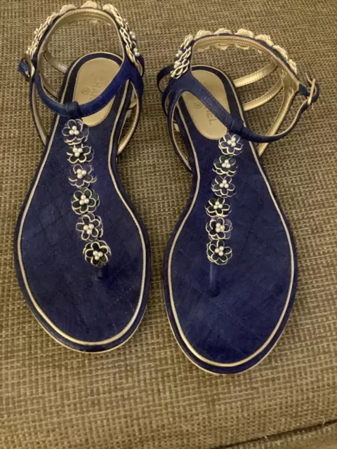 CHANEL QUILTED FLATS Thong Sandals Blue Size 39C $499.00 - PicClick