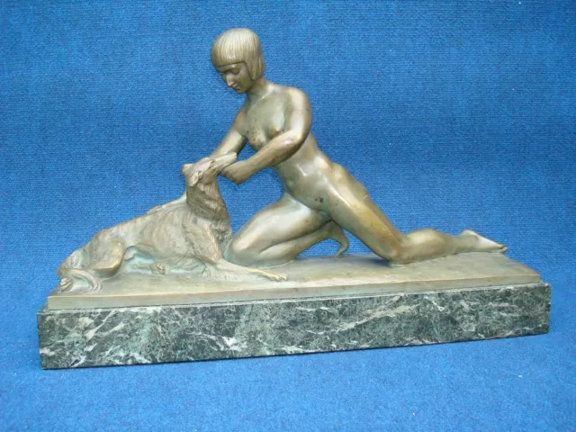 Art Deco Bronze Statue Lying Nude Caressing Her Borzoi Green Marble Base Stylish