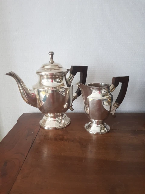TB CAFETIERE (ou théière)+POT A LAIT METAL ARGENTE ART DECO POIGNEES EBENE