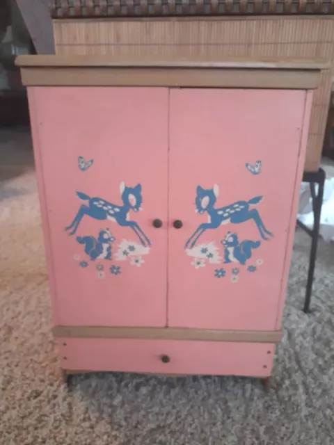 18" Vintage Doll Wardrobe Armoire Closet  1940s Pink with blue animals