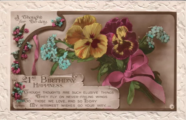 1928 VINTAGE Rotary Real Photo Embossed Pansies 21st Birthday POSTCARD Leicester