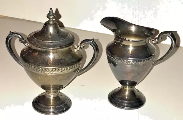 Vtg  Silver on Copper Creamer and Lidded Sugar Bowl Set ~ Stamped ~sugar 8" x 6"