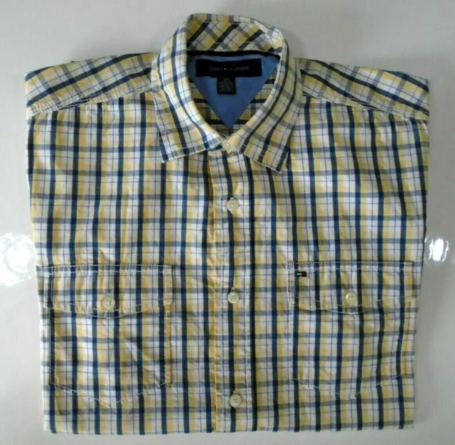 Mens Genuine TOMMY HILFIGER check short sleeve Shirt SMALL S/P yellow white navy