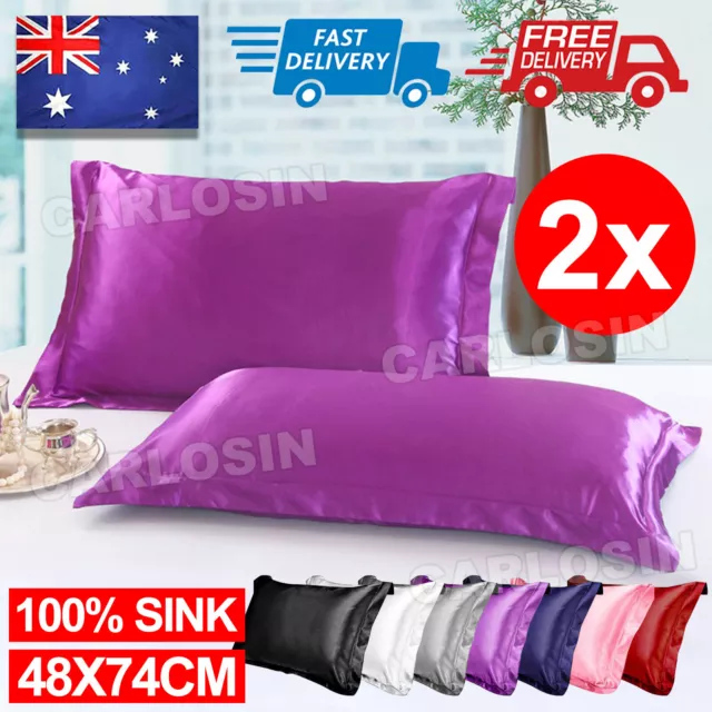 2Pcs Silk Satin Pillow Case Cover Solid Standard Bedding Smooth Soft Pillowcase