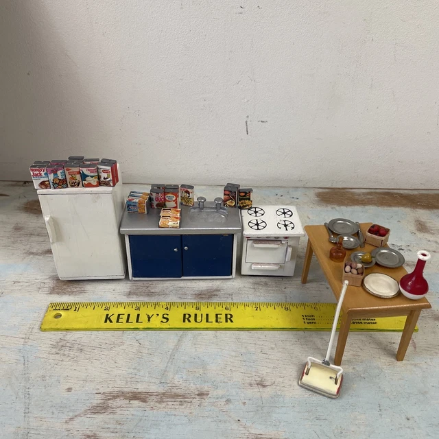 Vintage Lot 42 Dollhouse Miniature White Wood Kitchen Set + Table Food Plates