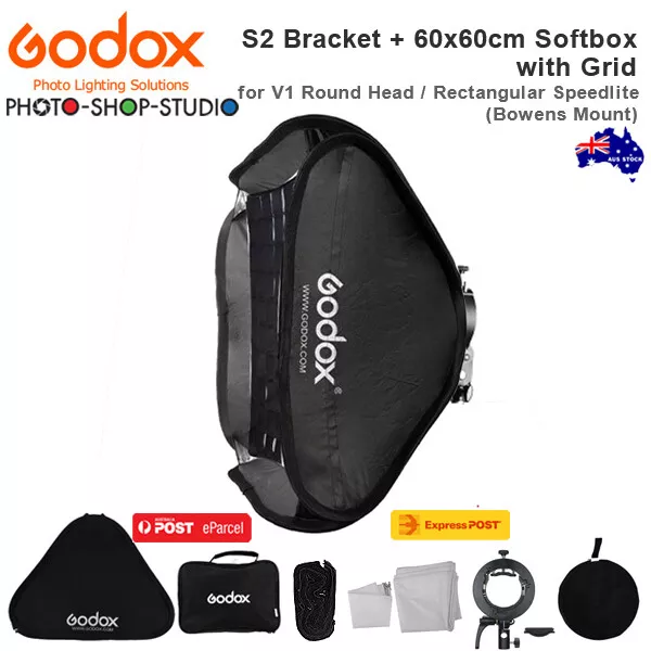 A*Godox S2 Speedlite Bracket + 60 x 60cm Quick Set Up Softbox w/ GRID (Bowens Mo