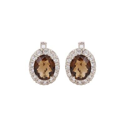 Smoky quartz & Cubic Zircon Studs Earrings 925 Sterling Silver Women's Jewelry