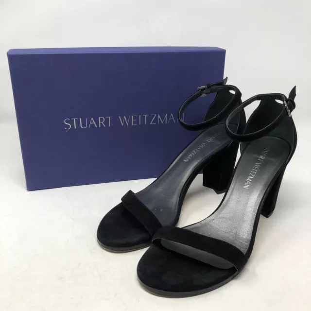 Stuart Weitzman Nearly Nude Strappy Block Heels Womens 9 Black Suede Ankle Strap