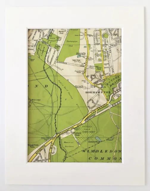 Antique 1940s London Map - Mounted - Colour - PUTNEY, WIMBLEDON, ROEHAMPTON