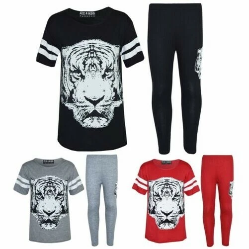 Top Bambina Tigre Viso Stampa Baseball T Shirt & Moda Set Leggings 7-13 Anni