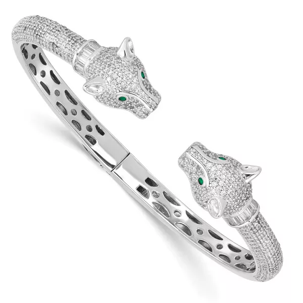 925 STERLING SILVER Cubic Zirconia CZ Lioness Hinged Cuff Bangle ...