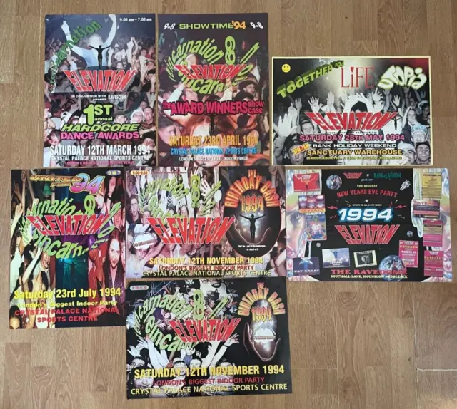 Job Lot/Collection Of 7 A3 Elevation Rave Flyers From 1994 - Look Now :)